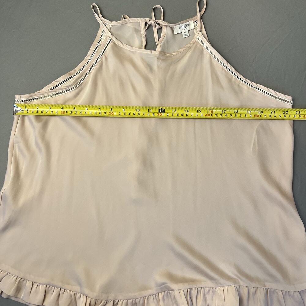 UMGEE Satin Medium Lace Trim Back Tie Ruffle Tan/Cream Top - Picture 8 of 9